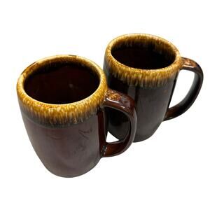 Vintage Pair 2 Pioneer USA Pottery Beer Stein Coffee Mugs 1960s Brown Drip Glaze